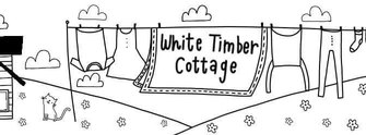 Cover image of the page: Liz’s drawing of the white wooden house, the clothesline and the quilt that says “White Timber Cottage”