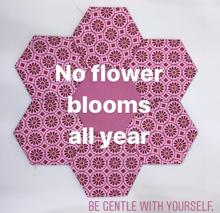 Eine Blume aus sieben Sechsecken in Pink mit weißem Muster, darauf der Spruch „No flower blooms all year“.
