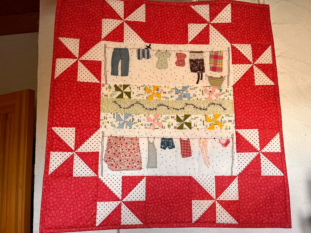 Windy Washday: A small wall quilt with laundry on the line. It reminds me of the long clotheslines in my grandma’s garden.
