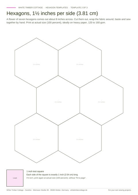 One page of the hexie templates: seven hexagons with 1½-inch sides to cut out, with the test square at the bottom.