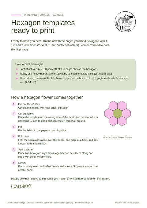 Cover page of the hexagon templates: printing tips, a hexagon flower in six steps and a note from Caroline.